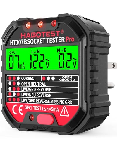 Outlet Tester Electrical GFCI Receptacle Detector with LCD Display, 90-250V Power Socket Tester, Circuit Polarity Voltage Detector, Plug Tester Breaker Finder 6 Visual Indication CAT II 300V (US Plug)