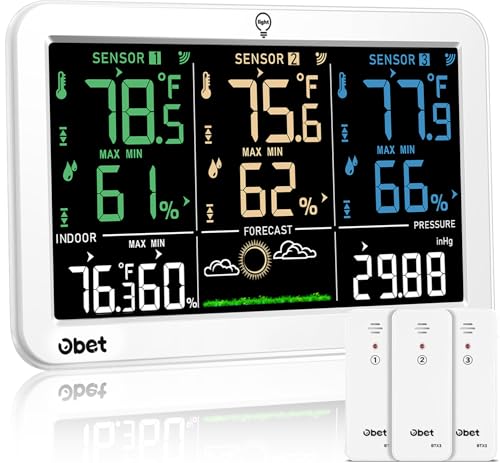 OBET Weather Station Wireless Indoor Outdoor Thermometer Wireless, Color Display Digital Temperature and Humidity Monitor with 3 Sensors, Alerts, Adjustable Backlight, USB Port (500 Feet) White - color: White-Large