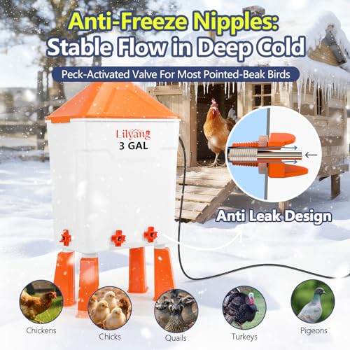 Lilyang Heated Chicken Waterer 3 Gallon, 250W Thermostat Control | Submersible Heat Plate, Chicken Water Heater With Nipples, Freeze-Proof Poultry Drinker for Winter, No-Tools Assembly