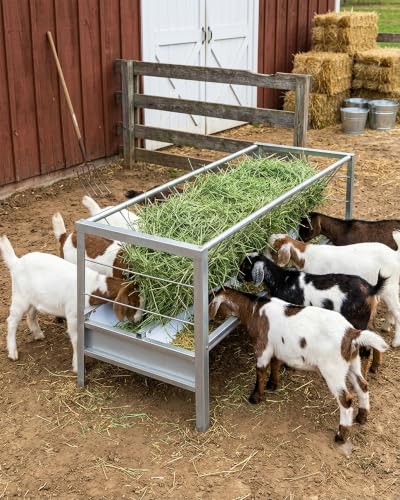 5.5 Ft Long Goat Hay Feeder with Deeper Feeding Pan, 98 Gallon Capacity Livestock Hay Feeder, 2 in 1 Grain & Hay Feeder, Galvanized Steel Grain Holder for Goats, Sheep and Ponies