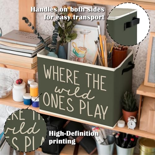Olive Green Boho Classroom Storage Bins Box with Handles, Where the Wild Ones Play Collapsible Basket Organizer for Kids Playroom Nursery Bedroom Bathroom Books Clothes - color: Color03