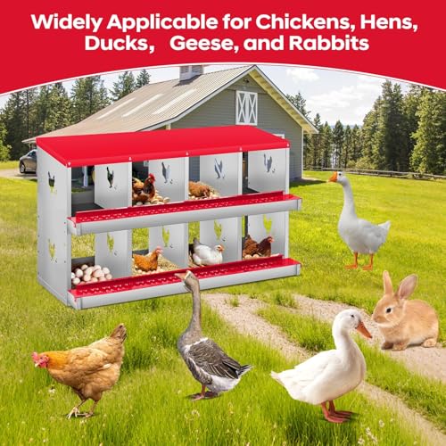 8-Compartment Chicken Nesting Box, Heavy Duty Galvanized Steel Poultry Nest Box, Wall Mount/Freestanding Design for Hens, Ducks, Backyard Homesteads & Farm Use, Red, 10 Mats &4 Eggs, No Stand - color: Red, size: 8 Room&Mat eggs