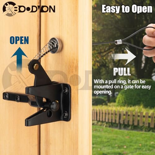 Self Locking Gate Latch with Spring Cable Pull for Wooden Fence Heavy Duty, Gravity Lever Fence Gate Latches for Outdoor Secure Pool Garden Shed, Black Finish, 1 Pack