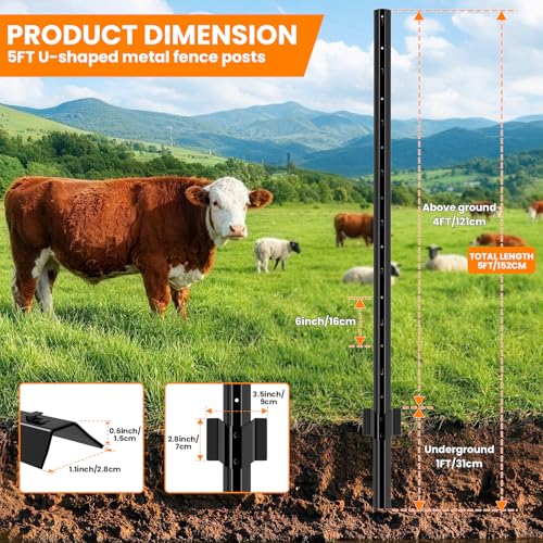 11 Pack Metal Fence Posts,5 FT Garden Fence Post,T Post for Wire Fence, No Dig Steel U Post Fencing，Black Garden Stakes for Temporary Fencing, Electric Fence Wire, Corner Anchorr - size: 5ft-11PCS