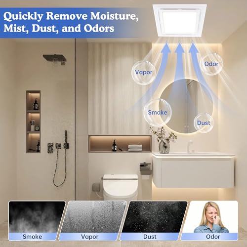 Bathroom Fan With Light 13.4 in Panel,180 CFM,1.0 Sones,12" Ceiling Mount | Large Bathroom Exhaust Fan|High cfm Extractor Fan|Easy Retrofit|Ceiling Fixtures|Bath Ventilation|For Kitchen Household Attic