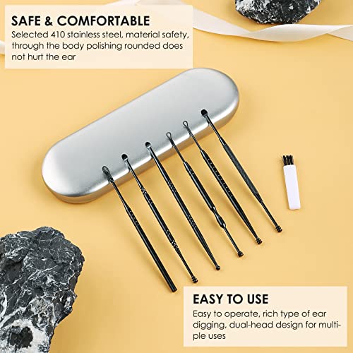 Ear Wax Removal Kit Ear Wax Cleaner Ear Wax Remover Black | 6 Pcs Ear Cleaner Stainless Steel Ear Cleaning Kit Spoon and Curette for Adults Reuse Daily Home and Travel Use - color: Black