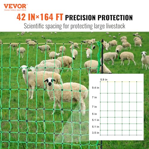 VEVOR Electric Fence Netting 42" H X 164' L PE Net Fencing | Utility Portable Mesh for Goats, Sheep, Lambs, Deer, Hogs, Dogs, for Farms and Ranches, with Posts and Double-Spiked Stakes - size: 42"H x 164'L, style: Livestock