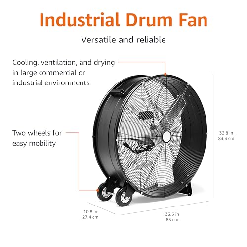 Amazon Basics 30" 300W High-Velocity Heavy-Duty Industrial Drum Fan for Cooling, Metal Housing, UL-Certified Safety Compliance, 2 Speeds, High CFM Up to 12,480, 5.9-ft Power Cord, 2 Wheels, Black - size: 30-inch