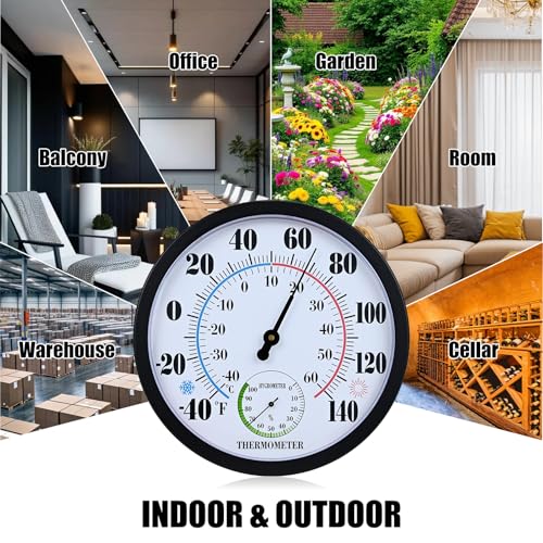 10 Inch Indoor Outdoor Thermometer Hygrometer Combo | Large Dial Analog Temperature Humidity Gauge, Wall Mount Weather Thermometer for Home Patio Greenhouse Garage Room - color: Black