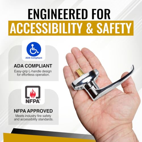 Trash Chute ADA L Handle - Universal Fit for Laundry and Linen Doors with V Spindle for Bottom & Side hinged Doors. Handicap Approved Universal Locking Chrome Knob Hardware Parts