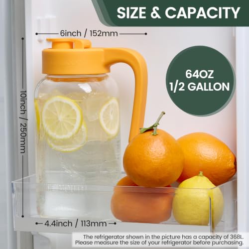 Mason Jar Pitcher, 64 oz (2 quart), Glass Pitcher with Lid | Airtight, Leak proof, Ergonomic Handle, Pour Spout Lid, Fridge Safe, for Sun Tea, Iced Tea, Cold Brew, Lemonade, Outside - color: Yellow