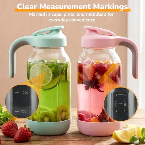 64 oz (2 Qt) Glass Mason Jar Pitcher with Pour Spout Lid & Handle | Airtight Leak-Resistant Flip-Top, Wide Mouth for Ice & Fruit, Non-Slip Silicone Base, Measuring Marks, Water/Iced Tea, 2 Pack - color: Black/Black, size: 64 Ounces