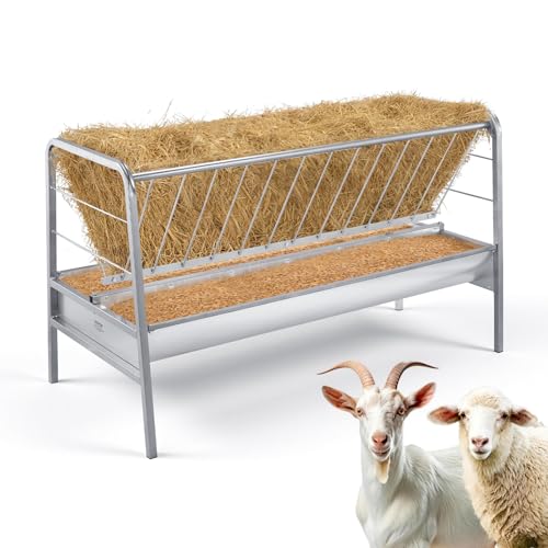 VEVOR Livestock Hay Feeder, 2 in 1 Grain & Hay Feeder, 80-Gallon Capacity, 57.9" Long Goat Pasture Feeding with Deeper Feeding Pan, Heavy Duty Steel Grain Holder for Sheep Sheds, Farms, Horse Barns - size: 57.9 x 27.6 x 34.1 in