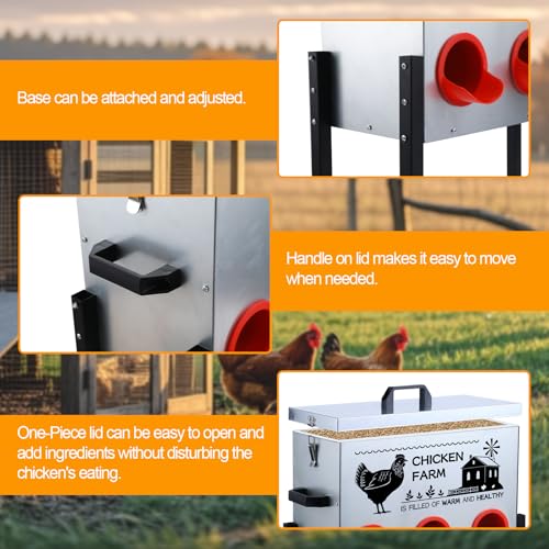 Automatic Chicken Feeder Box 50 lbs, 8 Feeding Ports, No Waste Poultry Feeder with Locking Lid and Adjustable Legs for Chickens, Ducks, Geese Galvanized Metal (50 Lbs-8 Ports) - size: 50 Lbs-8 Ports