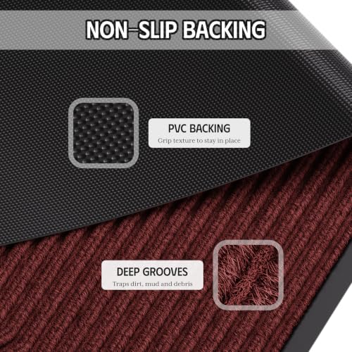 Front Door Mat, Non-Slip Heavy Duty Indoor Outdoor Doormat, 3'x5' | Red Striped, Trap Dirt & Absorb Moisture, Low Profile, Non-Slip Backing, All Weather, Indoor Outdoor Floor Mat for Entryway - color: Red Striped, size: 3' x 5'