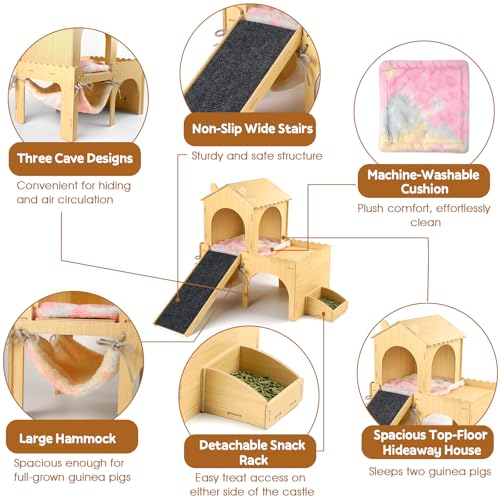 Large Wooden Guinea Pig Hideout, Deluxe 2-Tier Castle with Detachable Snack Feeder, Hammock, Ramp & Accessories - Movable Habitat, Easy Assembly & Clean, Comfort for Rabbits, Hamsters, Guinea Pigs