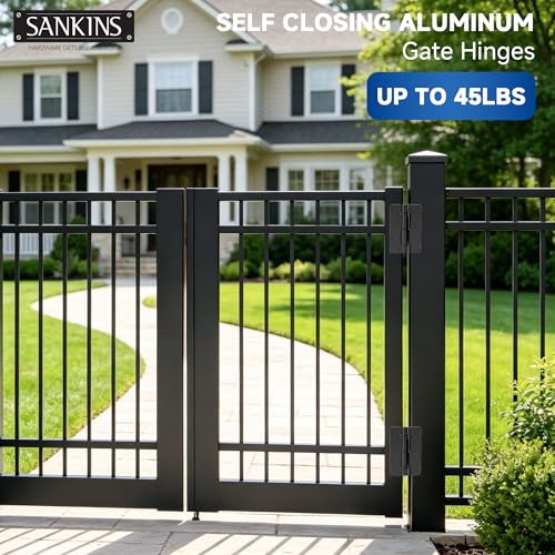 5-3/4" Adjustable Self Closing Aluminum Gate Hinges, Heavy Duty Gate Hinges for Metal Gates, Non-Legged Door Hinges Fence Gate Hinge for Pool Gate, Aluminum Gate, 2pcs, Black