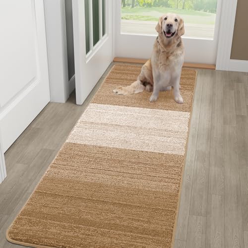 Kitinjoy Indoor Outdoor Door Mat, 59x20 Non-Slip Dirt Trapper Doormats | Camel Low-Profile Washable Inside Entrance Front Floor Mat, Sturdy Soft Entry Striped Doormats for Entryway - color: Camel, size: 59'' X 20''