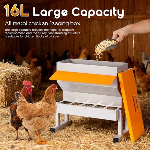 No Waste Automatic Chicken Feeder, 16L Metal Chicken Feeder | Duck Feeder for Outdoor, Large Poultry Feeder with Adjustable Stand & 5 Feeding Ports