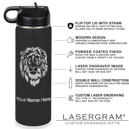 LaserGram Personalized 20oz Water Bottle, Horse (Black) | Engraved Gift, Vacuum Insulated Stainless Steel, Flip-Top Straw Lid, Laser Engraved With Your Name - color: Black, size: 20 Ounces