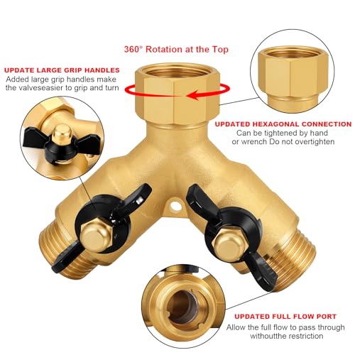 SIGURANTA Heavy-Duty Brass 2-Way High-Flow Garden Hose Splitter, Outdoor Faucet Y-Valve Diverter Connector with Butterfly Handle, Full-Flow Water Hose Adapter (Valve butterfly handle - 1-piece) - color: Valve butterfly handle - 1-piece