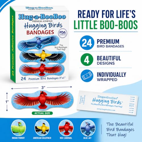 Hugging Birds - Premium Adhesive Bird Bandages from Hug-a-BooBoo, The Bird Bandages that Hug! Pretty Colorful Birds - American Goldfinch, Blue Jay, Red Cardinal, Indian Parrot 24 Ct Box - size: 24ct, style: Hugging Birds