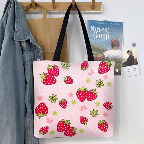 Canvas Tote Bag for Women，Cute Heavy-Duty Shoulder Bag with Zipper Pocket -Travel Tote for Grocery, Gym,Shopping - color: Cute Strawberry