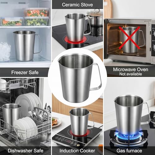 304 Stainless Steel Measuring Cup 64 OZ/2 L Measuring Pitcher with Handle | 8 Cups, Metal Milk Frothing Pitcher with OZ/ML Graduations for Latte Art, Espresso Machine