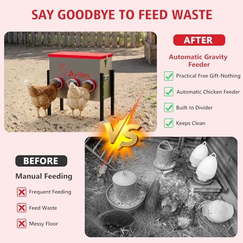 Automatic Chicken Feeder, Metal Poultry Feeder, Chicken Feeders | 40LB Poultry Feeder With Stand & 6 Ports. Includes Bonus Vegetable Net, Feeder Sealant And Anchor Stakes For Chicken. - size: 40 LB