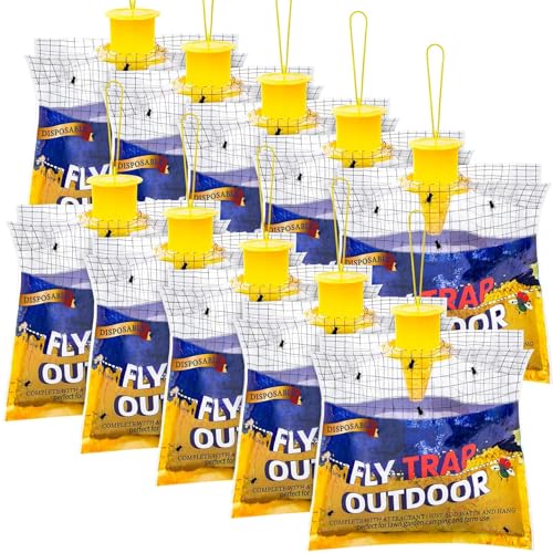 Fly Traps Outdoor Hanging for Patio, 10 Pre-Baited Flies Bags Disposable | Flies Catcher Repellent, Reusable Stable Horse Ranch Trapper Outdoor Hanging Fly Killer Helps Control Flies - size: 10 pack