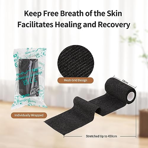 12 Rolls Self Adhesive Bandage Wrap, Cohesive Bandage 4 inches x 5 Yards, Sports Wrap Tape, Also for Horses & Dogs as Breathable Vet Wrap (Black) - color: Black