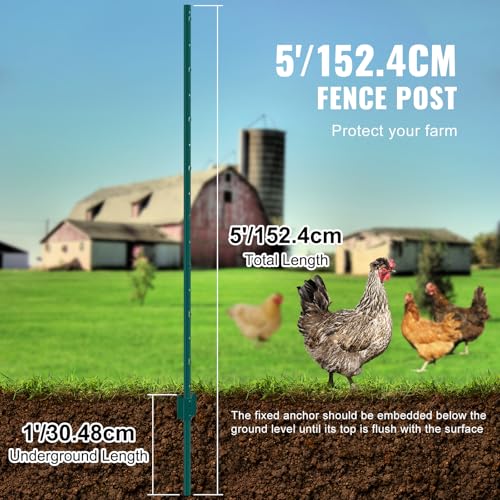 VEVOR 5 Feet Fence Post, 10 Pack U-Channel Heavy Duty Metal Fence Posts with 30 Zip Ties & 20 Clips, Sturdy Steel Fence Stakes for Garden Yard, Lawn, Farms and Outdoor Wire Fencing, Green - size: 5 Feet 10 Pack