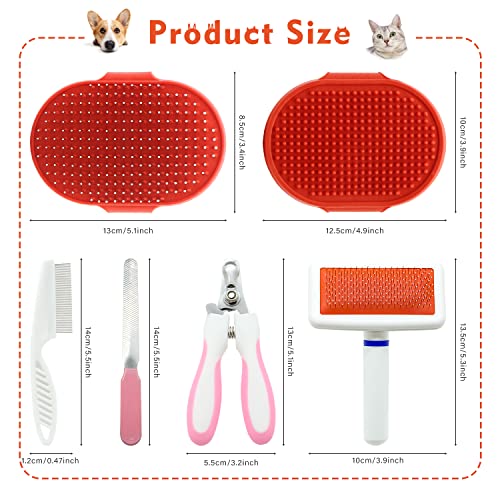 Cat Grooming Kit Set with Pet Shedding Slicker Brush Nail Clipper Trimmer Pet Massage Bath Glove Flea Comb for Bunny Puppy Kitten Guinea Pig Chinchilla Ferret Small Animals (Red, Pink) - color: Red, Pink