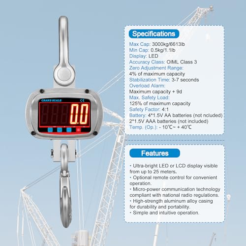 Hyindoor 5000kg 11000lb Crane Scale, 5T Digital Crane Scale with Remote Control, Temperature and Humidity Measuring Hanging Scale, Industrial Heavy Duty Electronic Scales Hoist Scales - size: 5000kg/11000lb