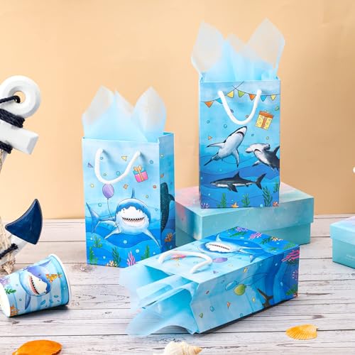 WERNNSAI 16 PCS Blue Shark Party Favor Bags Shark Goodie Bags | Shark Birthday Party Gift Bags with Handles, Under The Sea Ocean Party Supplies, Goodie Bags for Kids Boys Baby Shower - color: Blue Shark B