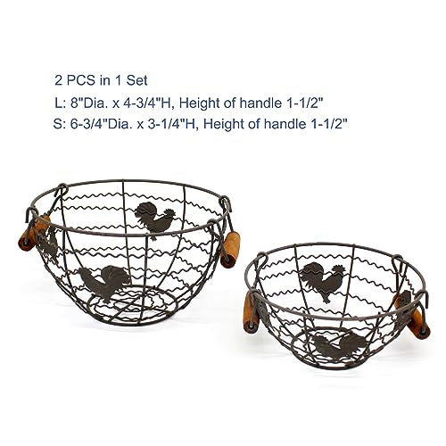 Round Wire Egg Baskets Rustic Fruit Baskets with Wooden Handles Farmhouse Collecting Basket. Rusty, Set of 2