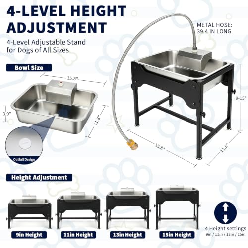BWOGUE 3 Gal Automatic Dog Water Dispenser, Elevated Outdoor Bowl for Dogs | Automatic Water Dispenser for Dogs, Stainless Steel Pet Waterer, 9/11/13/15 in Stand, Float Valve, Big Dogs Pets Livestock