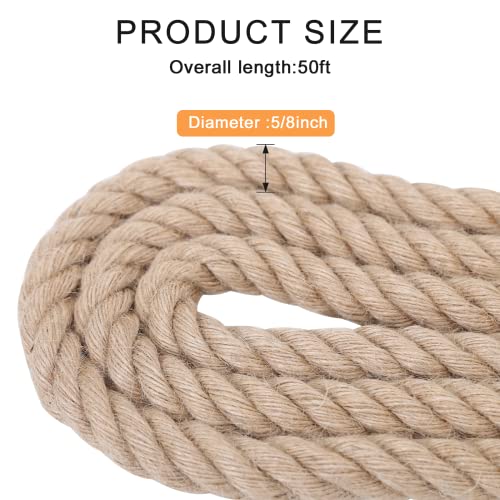 Jute Rope,5/8 inch x 50 FT Natural Twisted Manila Heavy Duty Hemp Ropes for Crafts,Swing for Tree,Gardening, Bundling, Hammock, Nautical, Tug of War, Railings, Home Decorating - size: 5/8 inch x 50 Feet