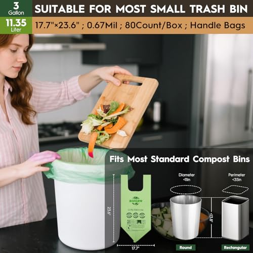 2.6-3 Gallon Compostable Trash Bags with Handles 80 Count 0.67 Mil 11.36 L Small Kitchen Wet Food Scrap Waste Compost Bag for Countertop Bin ASTM D6400 US BPI and OK Compost Home Certified - color: 3 Gallon Handle Tie, 80 Count