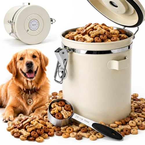 Dog Treat Container Airtight, 1.9 Qt 304 Stainless Steel Dog Treat Jar & Pet Treat Canister with Scoop, Date Dial, Locking Clamp, Silicone Seal for Dog Biscuits, Cookies, Training Snacks - size: 1.9 Qt