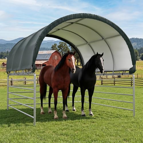 Polar Aurora 12'x12' Corral Shelter, Heavy Duty Round Style Canopy, Waterproof and UV Treated Canvas Cover, Easy Assembly Stable and Agricultural Storage and Shade Shed Kit for Livestock, Green - size: 12x12 FT