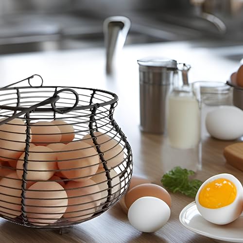 LINCOUNTRY. Farmhouse Wire Egg Baskets for Gathering Fresh Egg With Handle | Famhouse vintage rustic Round Metal Chicken Egg Collecting Basket Countertop Holder Vintage Style for Kitchen