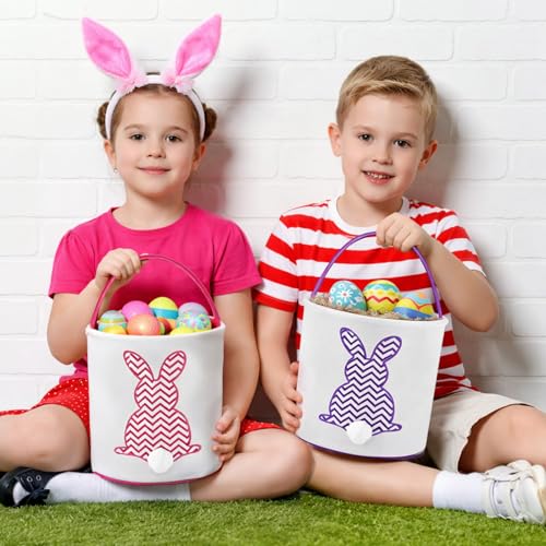 Honeydak 4 Pcs Easter Baskets for Kids Bunny Easter Egg Hunt Bags Canvas Tote Gift Bags Egg Buckets with Handles for Eggs Hunt, Toys, Candy, Gifts Party Favors(Pastel Stripe Bunny) - style: Pastel Stripe Bunny