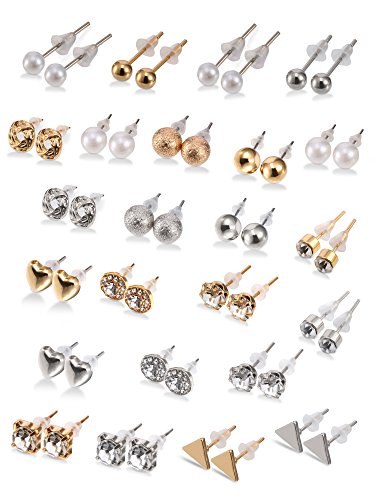BBTO 24 Pairs Stud Earrings, Crystal Pearl Ear Stud for Women | Earrings, Alloy and Gold, Sliver Gold Black, for Men Women Loved Ones and Friends - color: Sliver & Gold