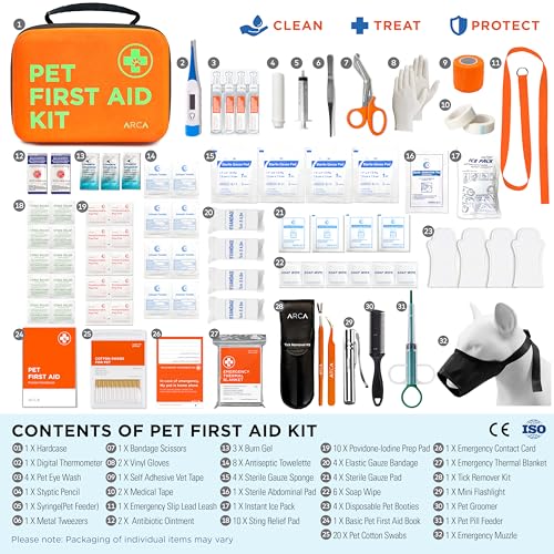 ARCA PET Cat & Dog First Aid Kit - High Visibility Reflective Zipper with Fluorescent Letter Print - 100 pcs with Dog Thermometer, Tick Remover Kit & Pet First Aid Kit Manual Book - size: CarePlus Kit