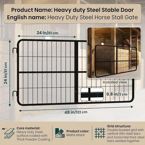 Horse Stall Gates 48"x24" Heavy Duty, 1" Steel Frame Two-Way Door Stall Guard, Rust-Resistant Coated, Anti-Corrosion Steel Gate for Horse Barns & Farms