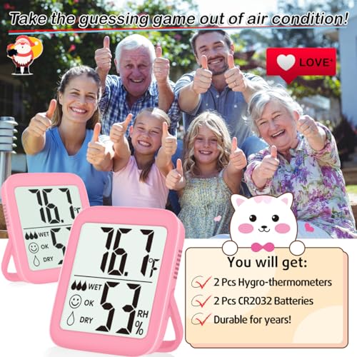Antonki 2 Pack Room Thermometer Indoor Hygrometer | Monitor Temperature & Humidity, Accurate, Fast Read, Easy To View, Magnetic/Kickstand/Hanging, ℉/℃, w/ Battery, Compact - color: 2 Pcs* Pink