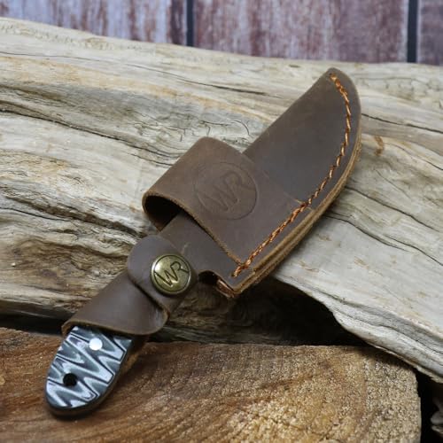 WHISKEY BENT HAT CO. Sendero Caper 440 Stainless Steel Fixed Blade Knife w/Leather Sheath (Brown Fang - Damascus Blade) - color: Brown Fang - Damascus Blade