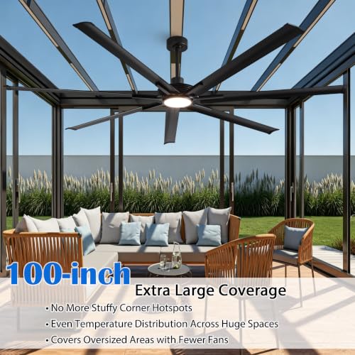 100" HVLS Ceiling Fan with Light/Remote, Large Rooms, DC Motor | High-Volume Air Circulation Large Open-Space 24W 3CCT Dimmable LED Aluminum Blades Reversible High Ceiling - color: Black, size: 100-inch
