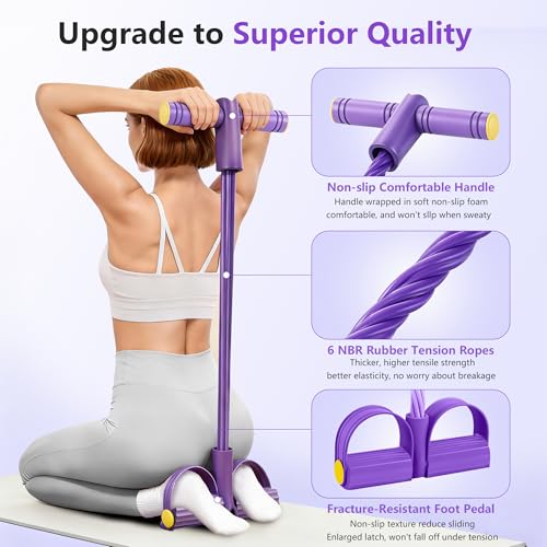 Pedal Resistance Band with Handle, 6-Tube Natural Rubber Exercise Bands | Upgraded Foot Pedal Resistance Bands for Working Out, Multifunction Tension Rope for Abdomen, Waist, Arm, Leg, Pilates - color: Purple